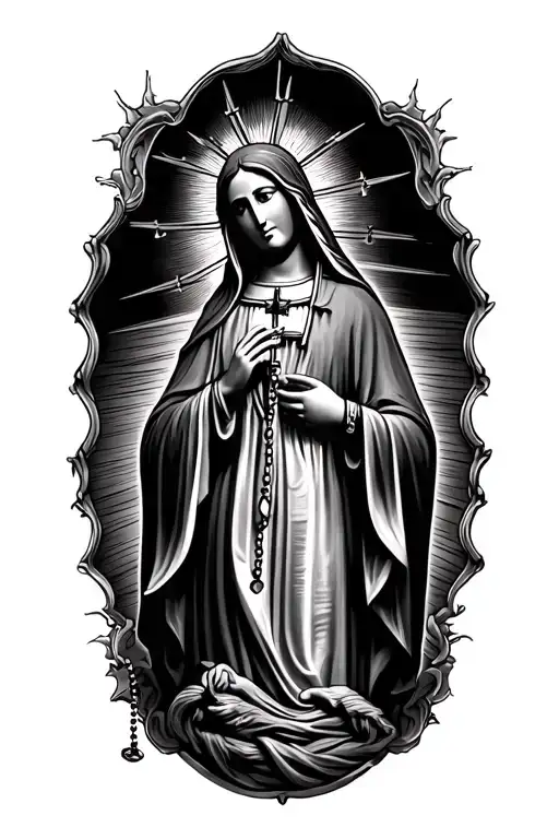 virgen de Guadalupe with a rosary wrapped loosely tattoo design idea