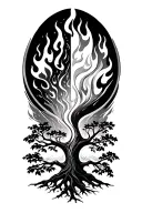 4 elements with tree of life. part of the tree is burning from fire, water extinguish the flames on another part of the  tattoo design idea