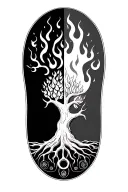 4 elements with tree of life. part of the tree is burning from fire, water extinguish the flames on another part of the  tattoo design idea