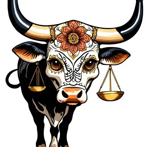 feminine bull with sugar skull markings, brown eyes and two Libra scales and dark background tattoo design idea