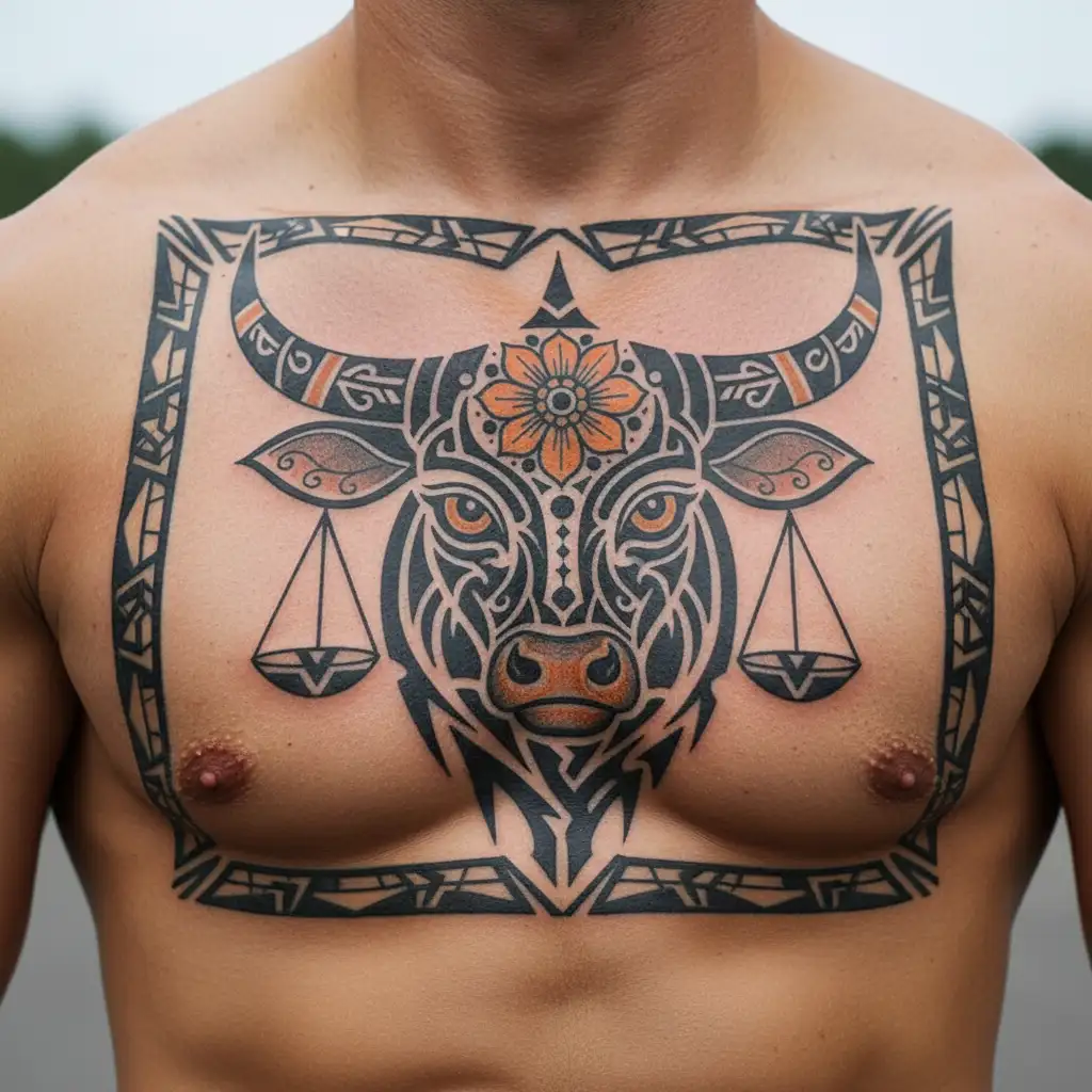 feminine bull with sugar skull markings, brown eyes and two Libra scales and dark background tattoo design idea