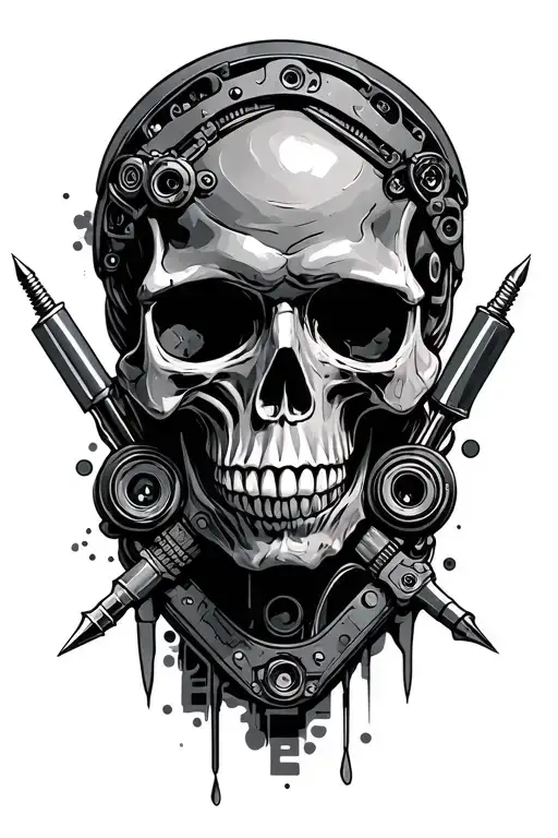 mechanical, skull, tools tattoo design idea