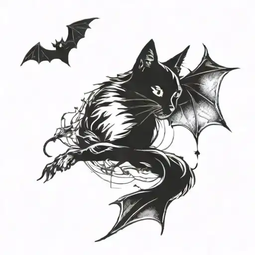dark cat sitting behind bats flying across chest tattoo design idea