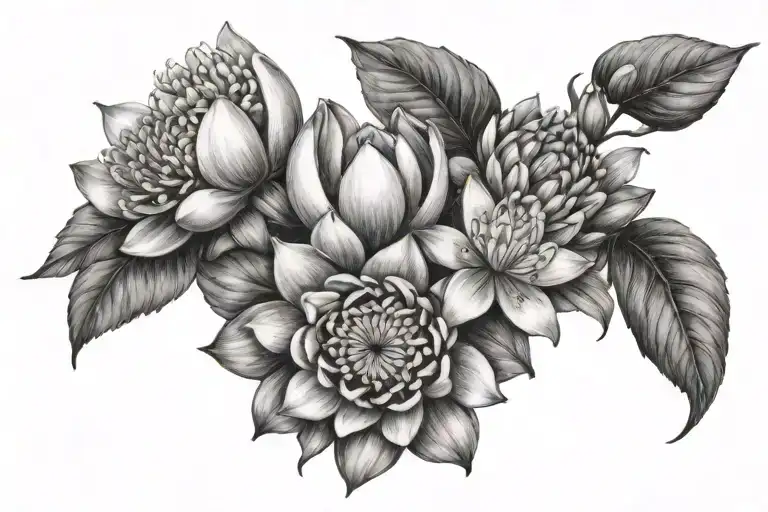 flower bouquet with hawthorn blossom, snow drop blossom, and water lilly blossom tattoo design idea