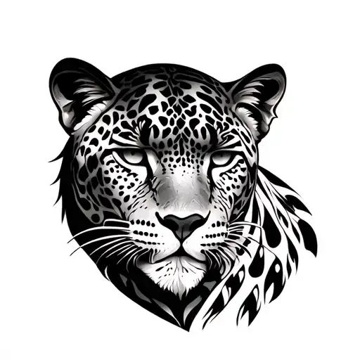 half the face of a jaguar with half the face of an Indian tattoo design idea