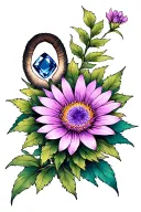 Combine and design a tattoo with aster flower, sapphire stone, aries zodiac sign, 2004 birth year tattoo design idea