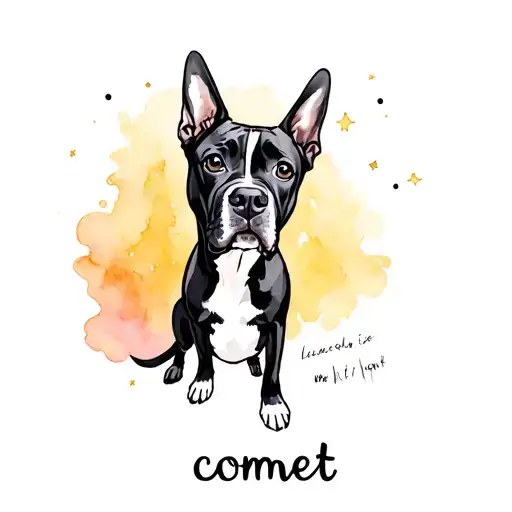 a black and white great dane boxer mix  watching comets in the sky with his name on the bottom his name is comet tattoo design idea