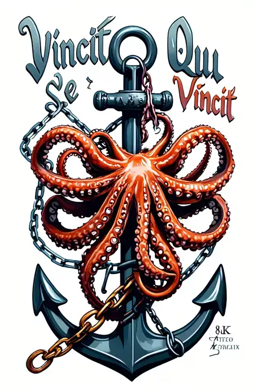 "Vincit Qui Se Vincit" octopus wrapped around anchor with broken chain tattoo design idea