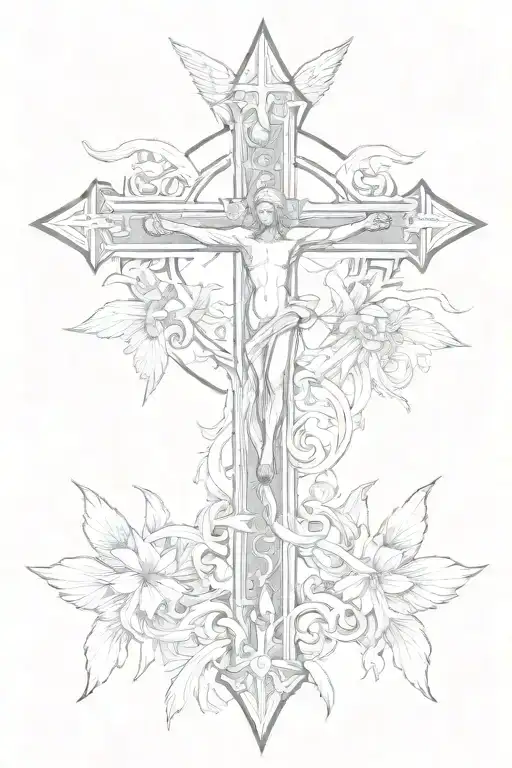 cross and angels holding it tattoo design idea