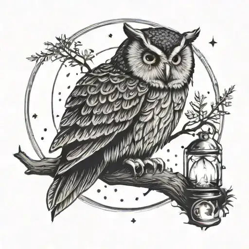 A mystical scene of a wise owl perched on a crescent moon, with a campfire burning below in a mystical forest setting tattoo design idea