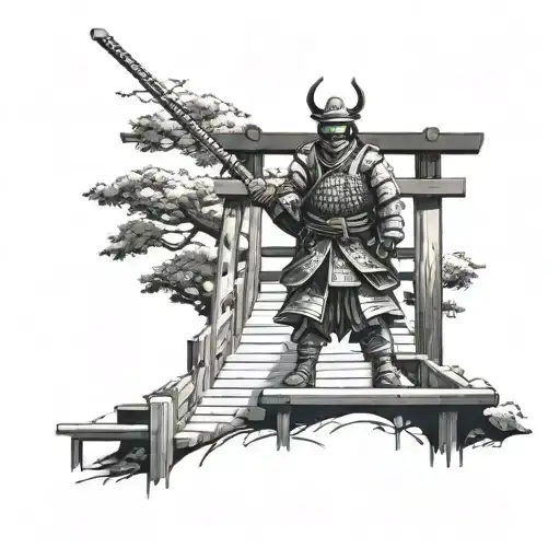 draw a samurai ronin standing at the base of a long old wooden staircase tattoo design idea