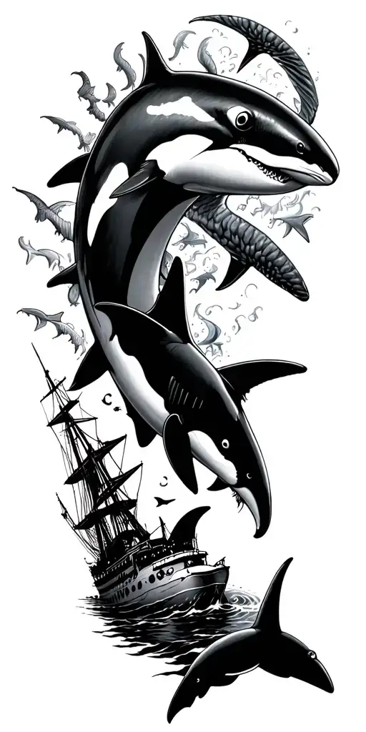 ocean theme. fish, sharks, orca, ship wreck tattoo design idea
