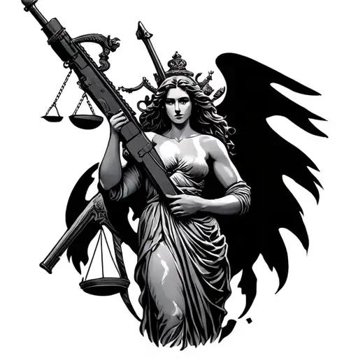 lady justice full body holding a-r 15 Rifle merged with Hermes staff tattoo design idea