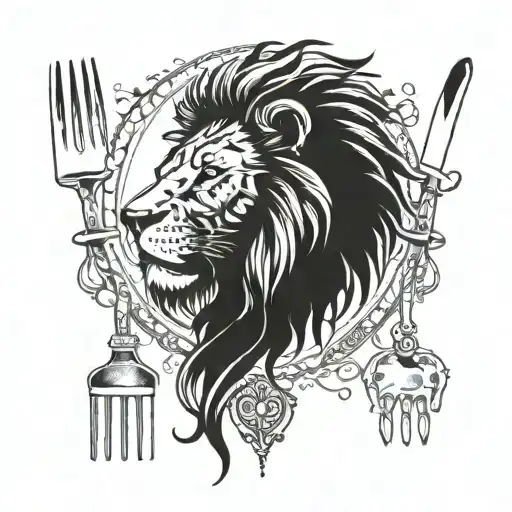 A lion head made out of various kitchen utensils and ingredients, symbolizing your passion for cooking tattoo design idea