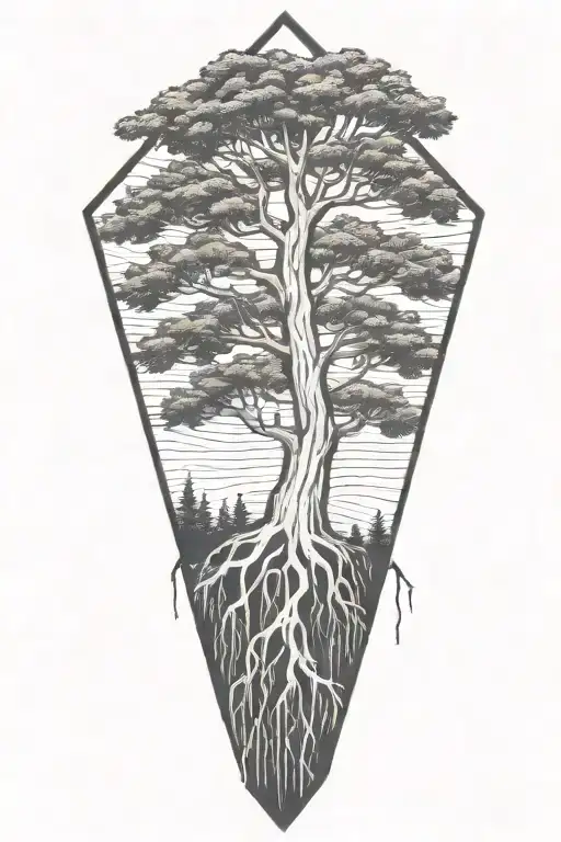 Bald cypress with roots inside diamond shaped line outlining tattoo design idea