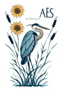 blue heron silhouette intertwined with cattails and sunflowers and the initials AES hidden in the wings tattoo design idea