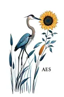 blue heron silhouette intertwined with cattails and sunflowers and the initials AES hidden in the wings tattoo design idea