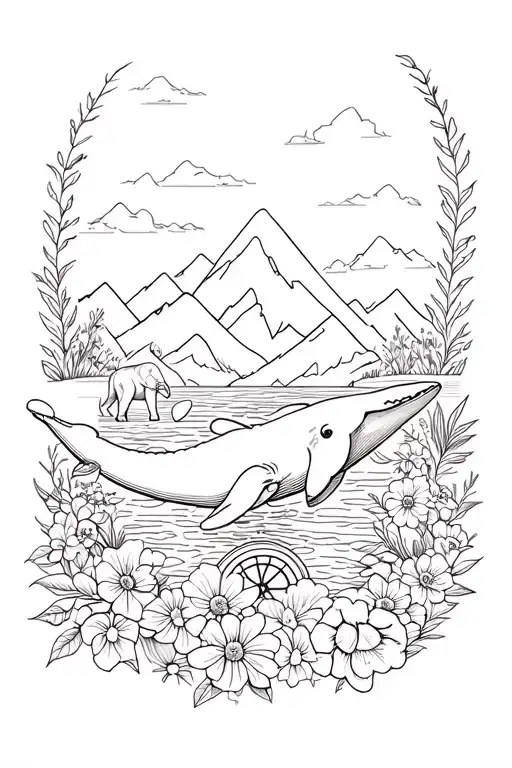 Plants, flowers, landscape with mountains, humpback whale in the water, lion, elephant, a steering wheel tattoo design idea