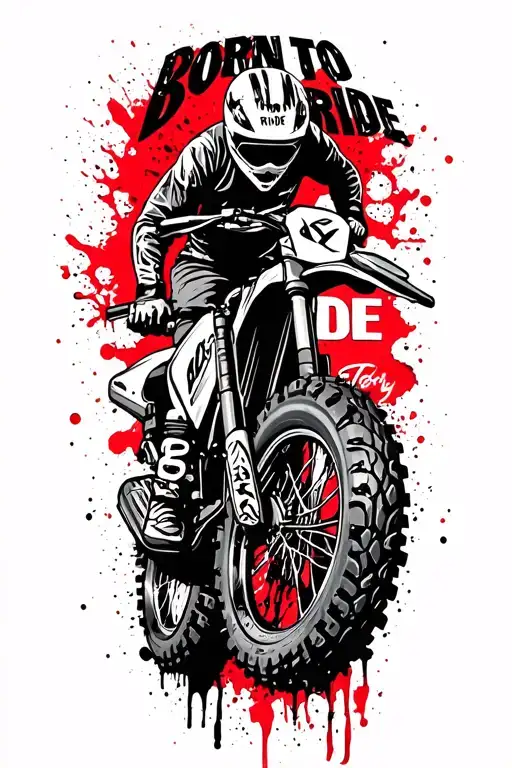 "Born To Ride" texi in horror style, under head of motocross rider with gun poined to it and below dirt bike tire mark tattoo design idea