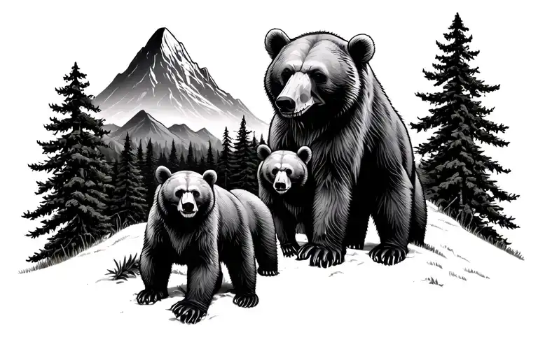 forest with 3 bear cubs, mountain top, skull surrounded tattoo design idea