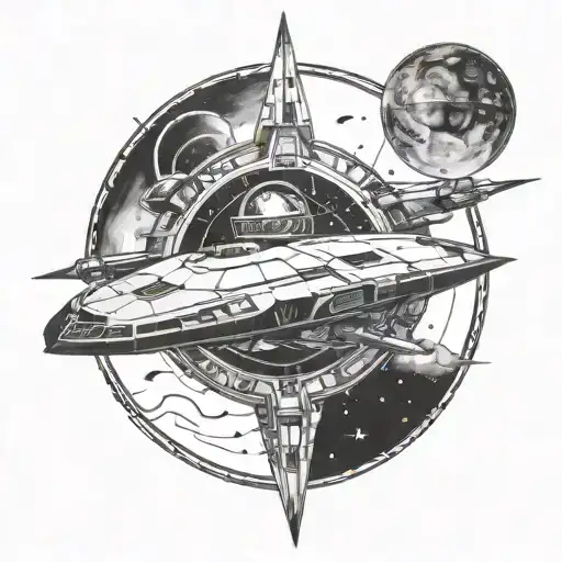 A sci-fi spaceship flying through a portal to a shamanic realm tattoo design idea