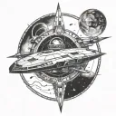 A sci-fi spaceship flying through a portal to a shamanic realm tattoo design idea