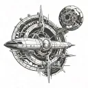 A sci-fi spaceship flying through a portal to a shamanic realm tattoo design idea