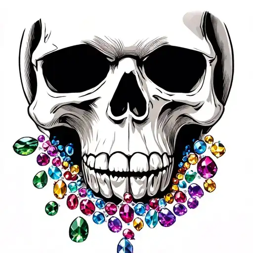 skull with open mouth with jewels coming out of the mouth.  tattoo design idea