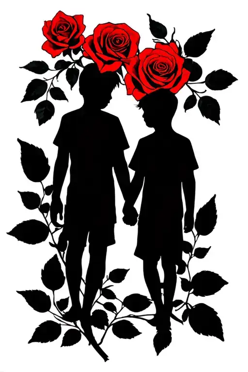rose intertwined dad two sons silhouette holding hands  tattoo design idea