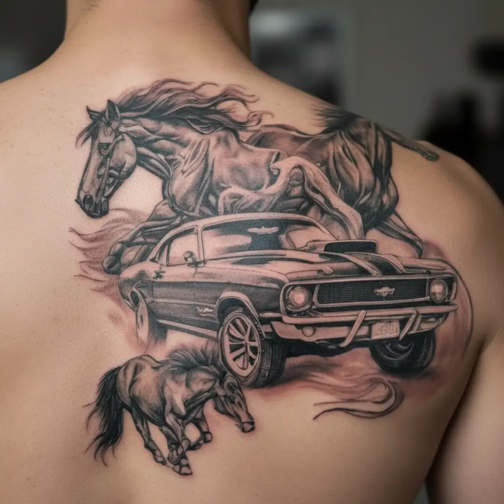 A detailed tattoo featuring a powerful American muscle car surrounded by wild horses running free tattoo design idea