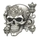 skull with anonymous mask holding tattoo design idea