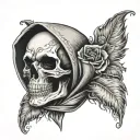 skull with anonymous mask holding tattoo design idea