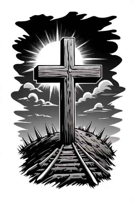 wooden cross on hills with three railroad spikes at the foot of the cross with the sun and clouds in the background tattoo design idea