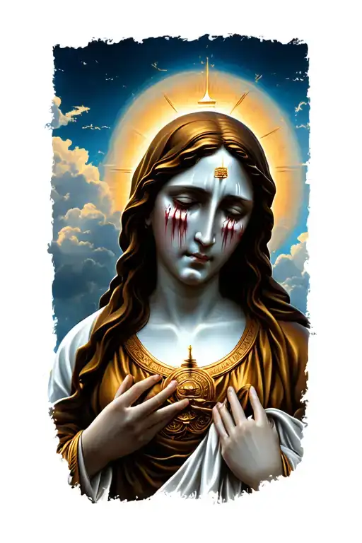 Religious Maria crying with clouds and temple tattoo design idea