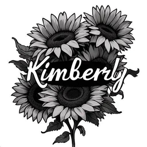 the name Kimberly with sunflowers around it tattoo design idea