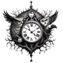 tree of life, clock, hour glass, owl, mystical creatures tattoo design idea
