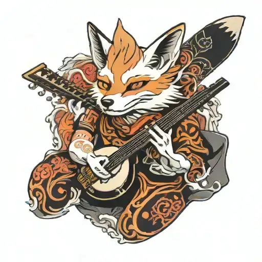 A neotraditional tattoo of a kitsune (Japanese fox spirit) playing a traditional shamisen instrument, blending music and mythology tattoo design idea