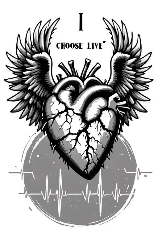 "I choose to live " cracked heart and angel wings with flat EKG heartbeat line tattoo design idea