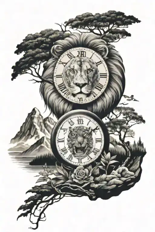 lions head, clocks, mountain, forest scene tattoo design idea