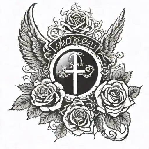 There are angel wings on one side and devil wings on the other. A thorny vine surrounds the two wings and the tombstone in the middle. In the middle is a rose that blooms on one side and withers on the other. There is a halo on top. tattoo design idea