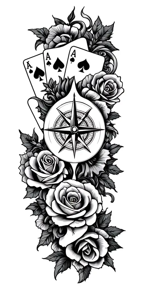 filigree design with playing cards, compass and roses tattoo design idea