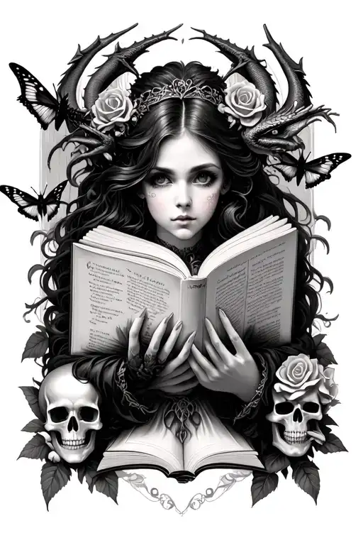 bust of gothic girl holding a book open in front of her with dragons, skulls, roses, and moths surrounding her  tattoo design idea