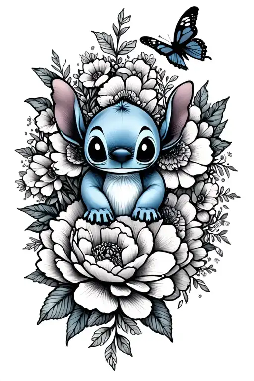 little stitch and peonies and butterfly surrounded tattoo design idea
