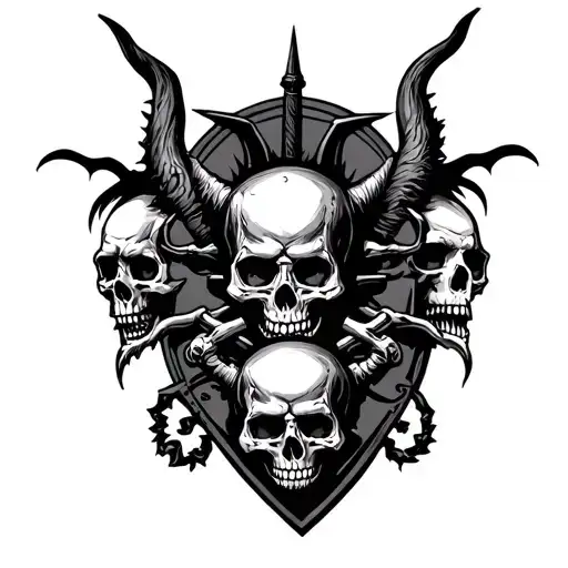 family emblem Gomez, surrounded by skulls and demons.  tattoo design idea