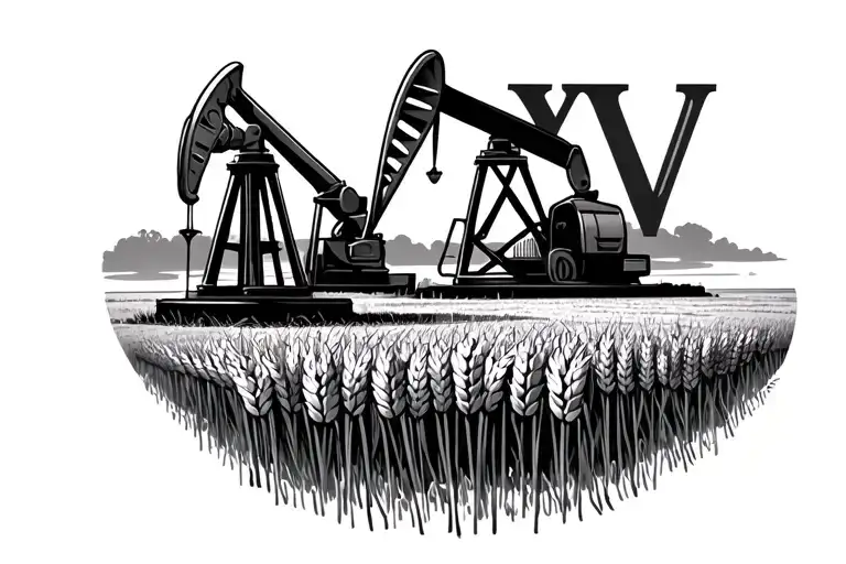 pump jack in a wheat field with the Roman numerals XXV faded into the feild tattoo design idea
