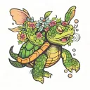 Turtle kicks Rabbit blowing bubbles with flowers tattoo design idea