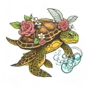 Turtle kicks Rabbit blowing bubbles with flowers tattoo design idea