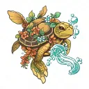Turtle kicks Rabbit blowing bubbles with flowers tattoo design idea