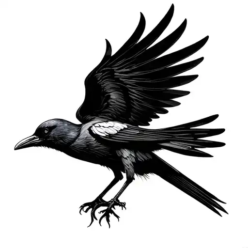 Slim vertical blackwork tattoo, elongated corvid-like bird falling downward, wings tight against the body, minimal sprea tattoo design idea
