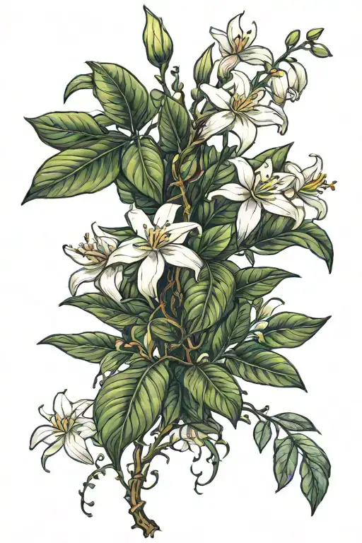 Vertical tattoos on the back of a jasmine plant with the word "Babylon" tattoo design idea